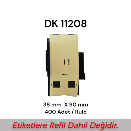 Brother DK-11208 Muadili Etiket  38 mm x 90 mm 400 Adet Adres Beyaz 